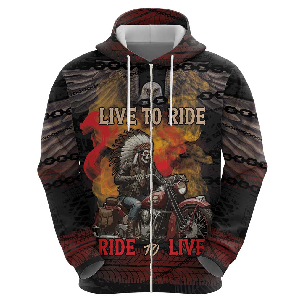 Indian Motorcycle Zip Hoodie Live To Ride Skull Biker Native American - Wonder Print Shop