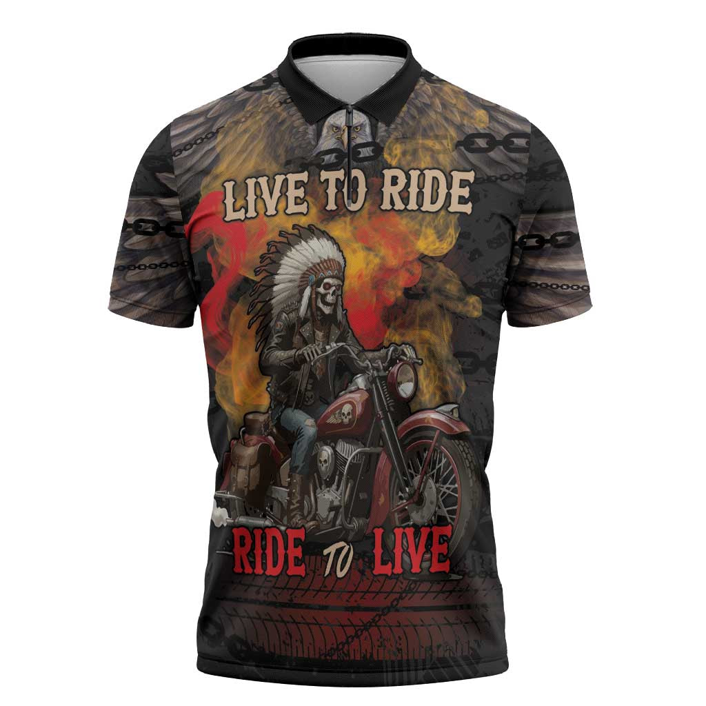 Indian Motorcycle Zipper Polo Shirt Live To Ride Skull Biker Native American - Wonder Print Shop