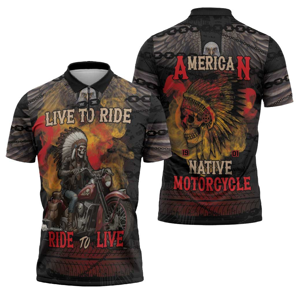Indian Motorcycle Zipper Polo Shirt Live To Ride Skull Biker Native American - Wonder Print Shop