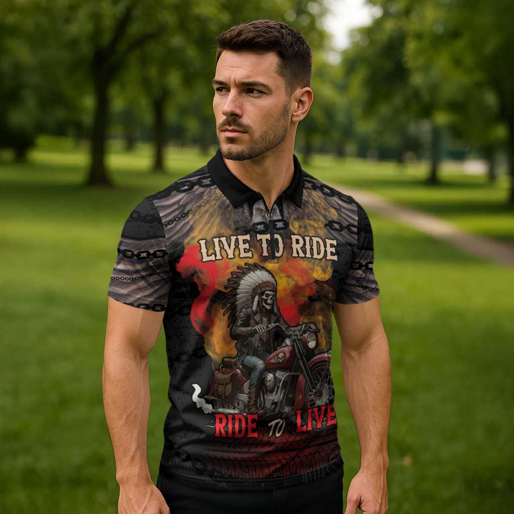 Indian Motorcycle Zipper Polo Shirt Live To Ride Skull Biker Native American - Wonder Print Shop