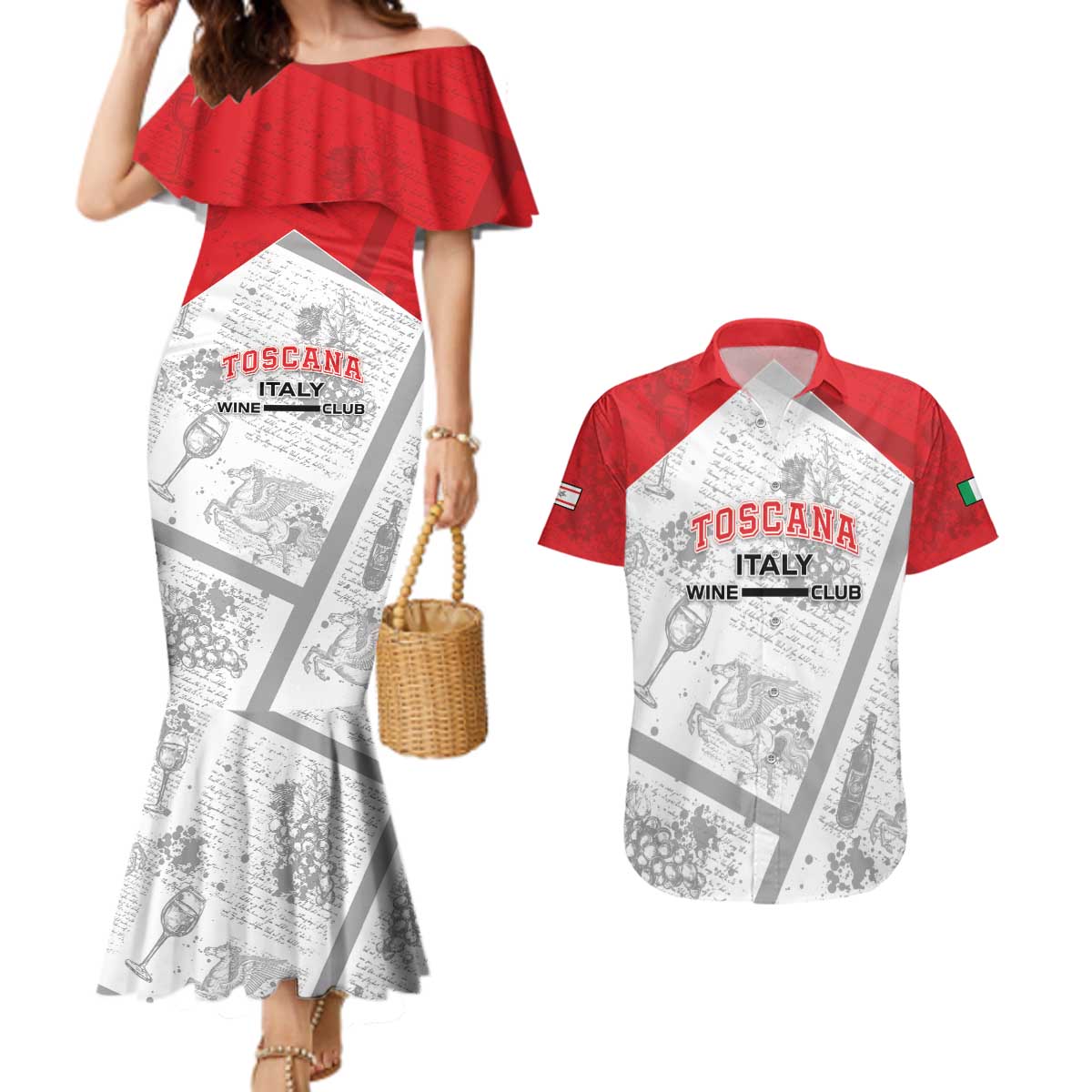 Personalized Italy Tuscany Couples Matching Mermaid Dress and Hawaiian Shirt Toscana Wine Club - Wonder Print Shop