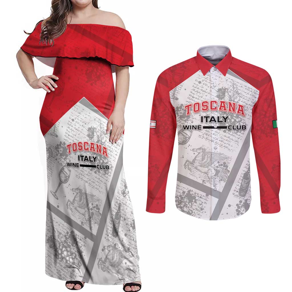 Personalized Italy Tuscany Couples Matching Off Shoulder Maxi Dress and Long Sleeve Button Shirt Toscana Wine Club - Wonder Print Shop