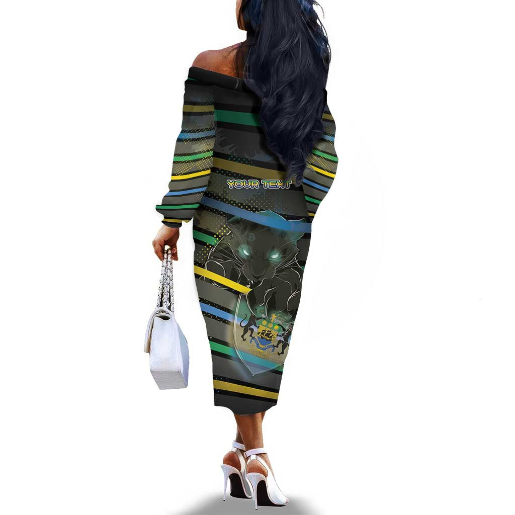 Personalized Gabon Off The Shoulder Long Sleeve Dress Panther Strike Striped Style
