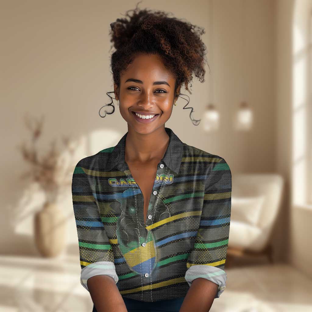 Personalized Gabon Women Casual Shirt Panther Strike Striped Style