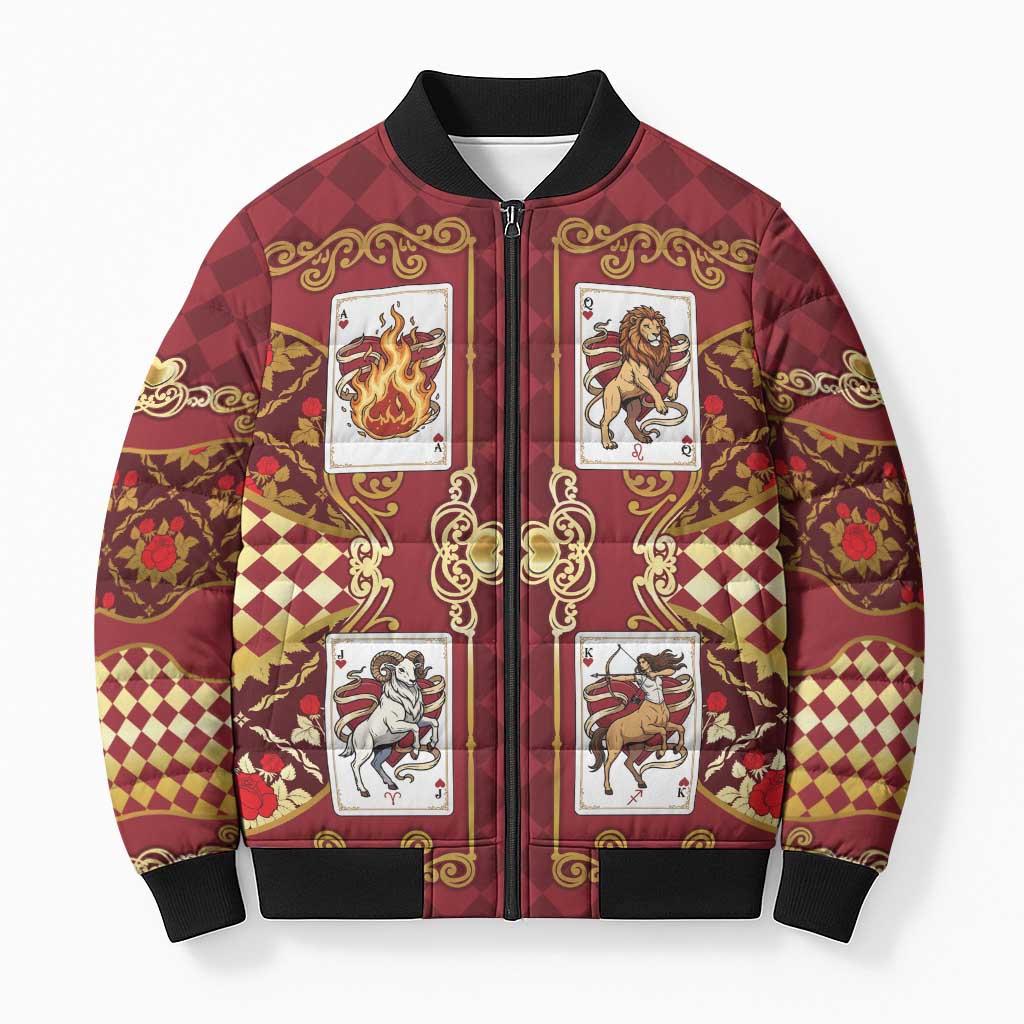 Zodiac Signs Bomber Puffer Jacket The Fire Element Baroque Hearts Card