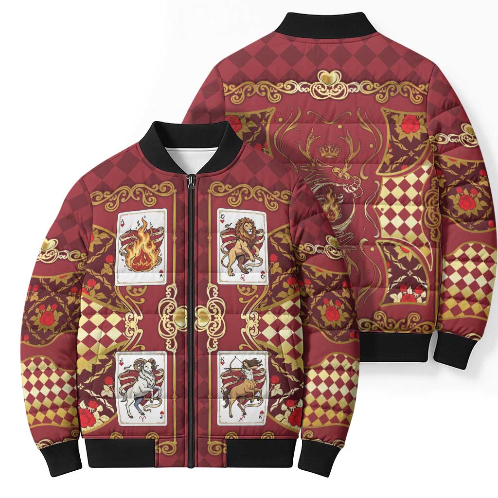 Zodiac Signs Bomber Puffer Jacket The Fire Element Baroque Hearts Card