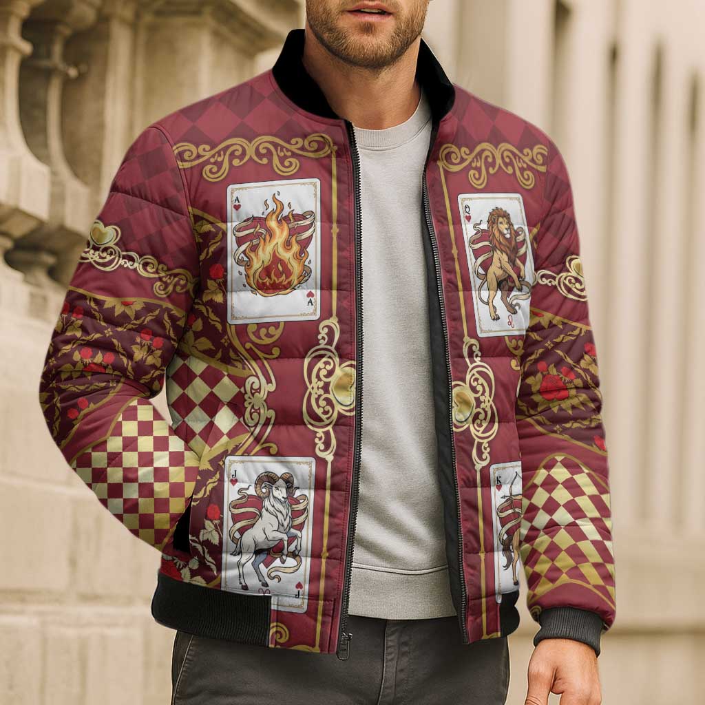 Zodiac Signs Bomber Puffer Jacket The Fire Element Baroque Hearts Card