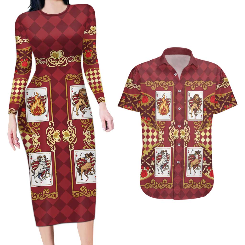 Zodiac Signs Couples Matching Long Sleeve Bodycon Dress and Hawaiian Shirt The Fire Element Baroque Hearts Card