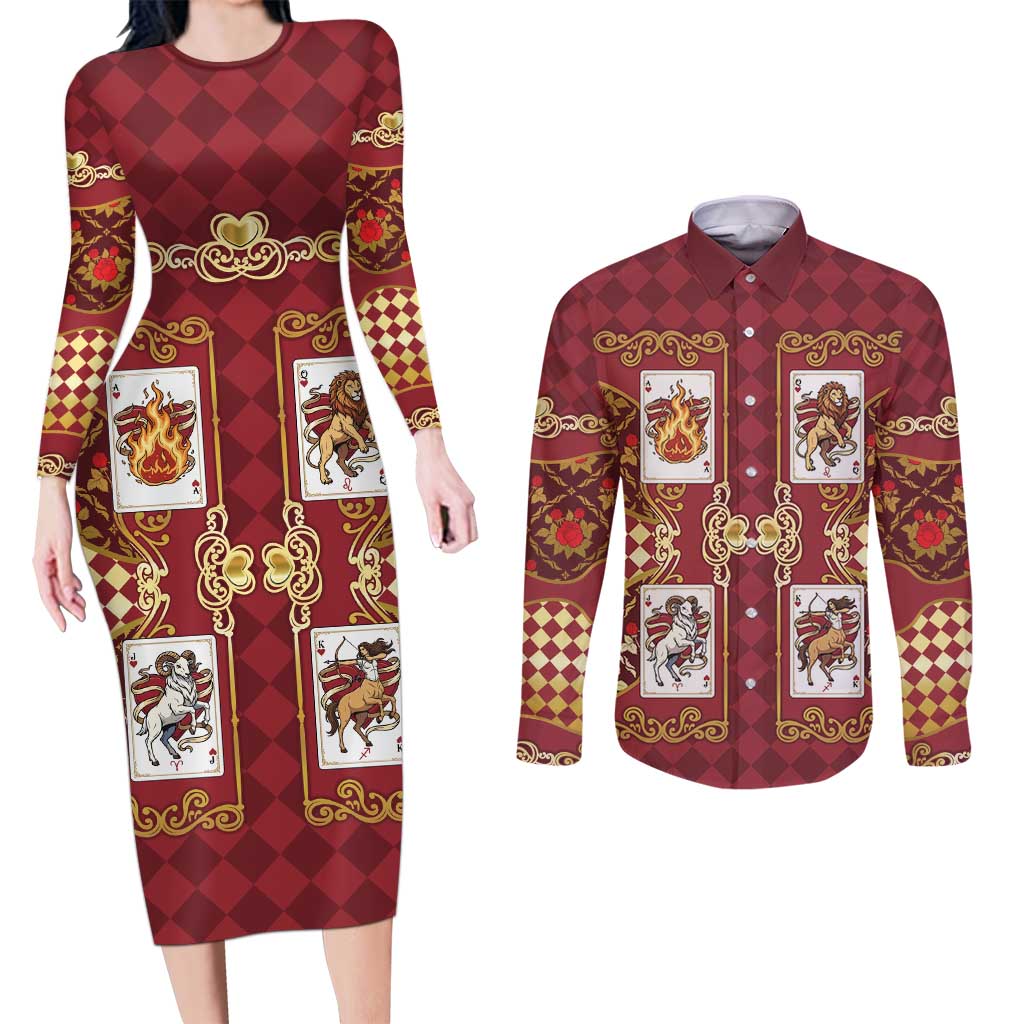 Zodiac Signs Couples Matching Long Sleeve Bodycon Dress and Long Sleeve Button Shirt The Fire Element Baroque Hearts Card