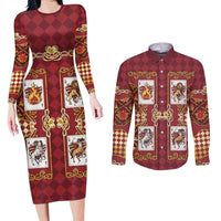Zodiac Signs Couples Matching Long Sleeve Bodycon Dress and Long Sleeve Button Shirt The Fire Element Baroque Hearts Card
