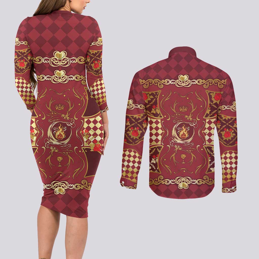 Zodiac Signs Couples Matching Long Sleeve Bodycon Dress and Long Sleeve Button Shirt The Fire Element Baroque Hearts Card
