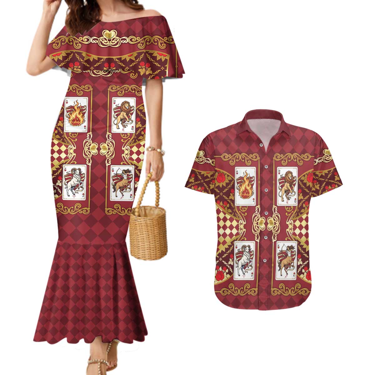 Zodiac Signs Couples Matching Mermaid Dress and Hawaiian Shirt The Fire Element Baroque Hearts Card