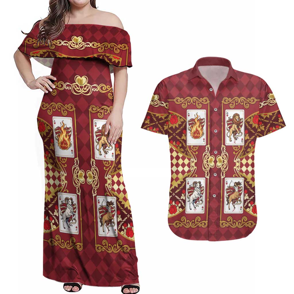 Zodiac Signs Couples Matching Off Shoulder Maxi Dress and Hawaiian Shirt The Fire Element Baroque Hearts Card