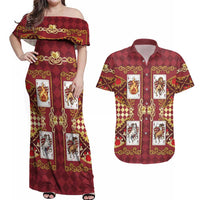 Zodiac Signs Couples Matching Off Shoulder Maxi Dress and Hawaiian Shirt The Fire Element Baroque Hearts Card