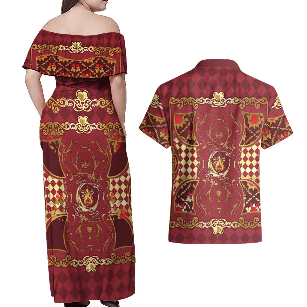 Zodiac Signs Couples Matching Off Shoulder Maxi Dress and Hawaiian Shirt The Fire Element Baroque Hearts Card