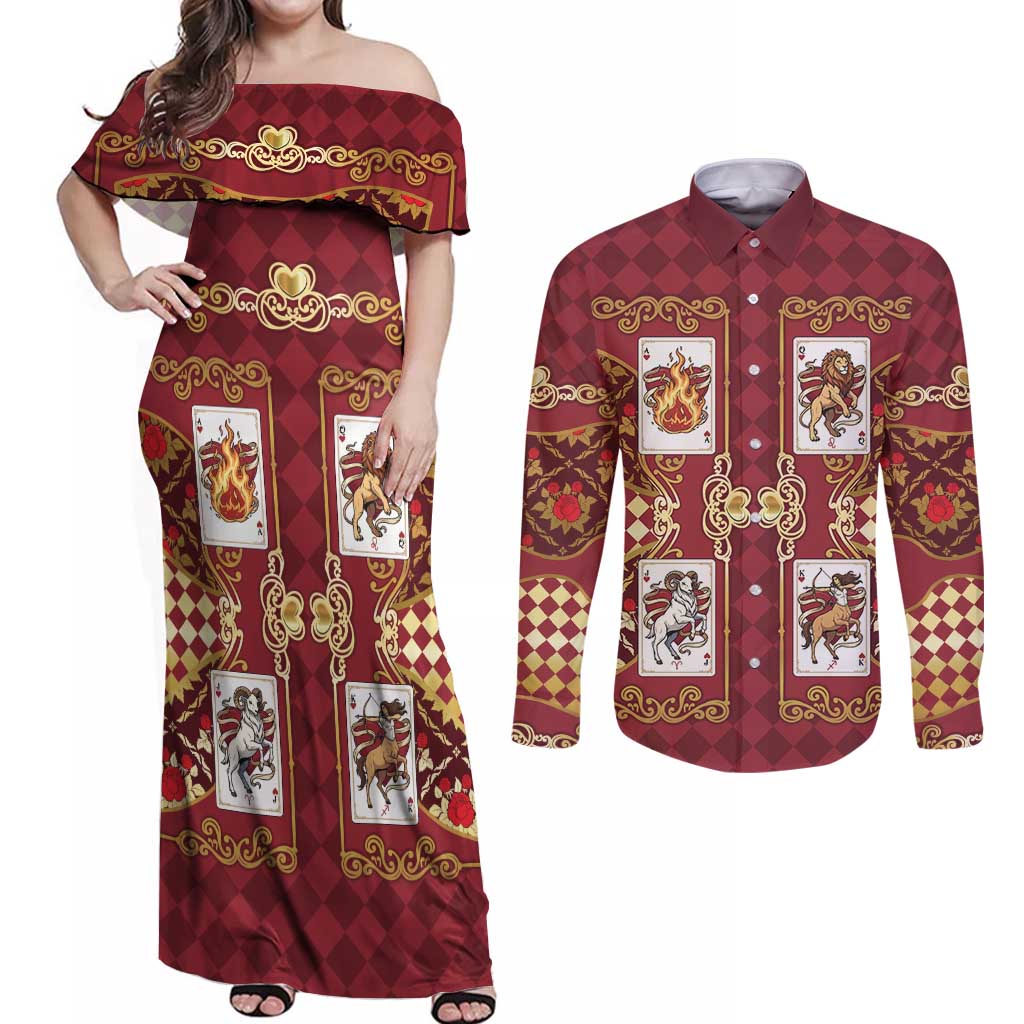 Zodiac Signs Couples Matching Off Shoulder Maxi Dress and Long Sleeve Button Shirt The Fire Element Baroque Hearts Card
