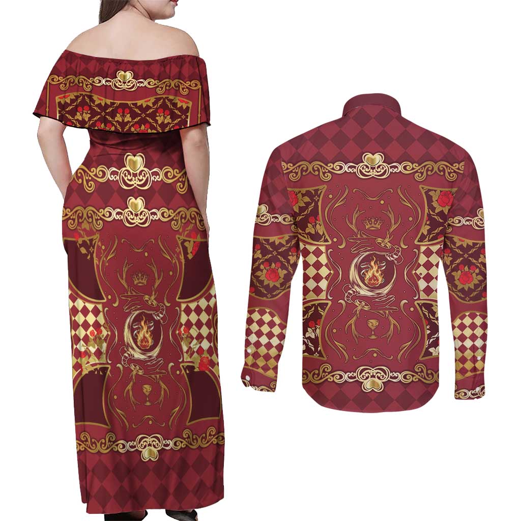 Zodiac Signs Couples Matching Off Shoulder Maxi Dress and Long Sleeve Button Shirt The Fire Element Baroque Hearts Card