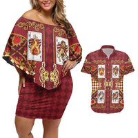 Zodiac Signs Couples Matching Off Shoulder Short Dress and Hawaiian Shirt The Fire Element Baroque Hearts Card