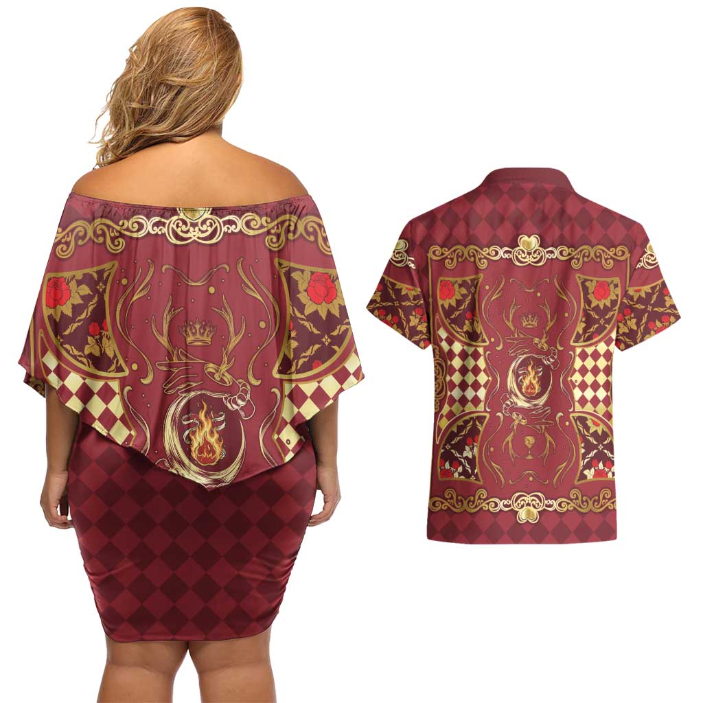 Zodiac Signs Couples Matching Off Shoulder Short Dress and Hawaiian Shirt The Fire Element Baroque Hearts Card