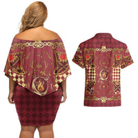 Zodiac Signs Couples Matching Off Shoulder Short Dress and Hawaiian Shirt The Fire Element Baroque Hearts Card