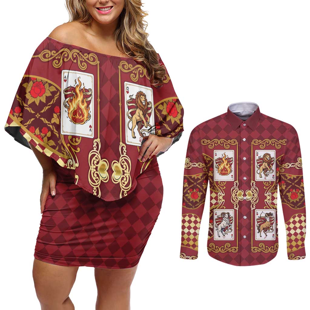 Zodiac Signs Couples Matching Off Shoulder Short Dress and Long Sleeve Button Shirt The Fire Element Baroque Hearts Card