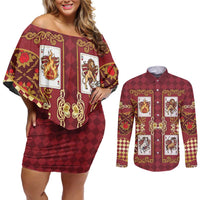 Zodiac Signs Couples Matching Off Shoulder Short Dress and Long Sleeve Button Shirt The Fire Element Baroque Hearts Card