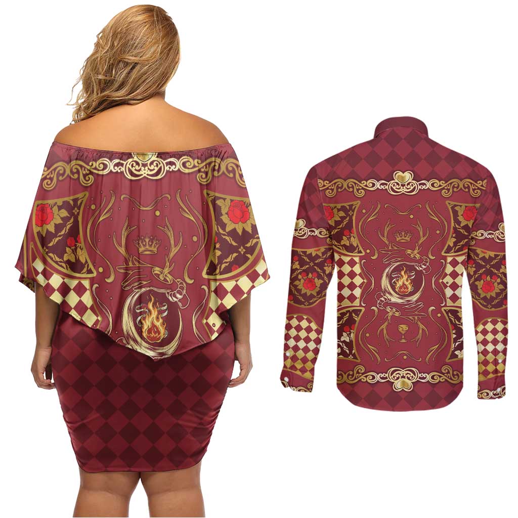 Zodiac Signs Couples Matching Off Shoulder Short Dress and Long Sleeve Button Shirt The Fire Element Baroque Hearts Card