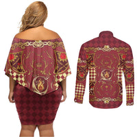 Zodiac Signs Couples Matching Off Shoulder Short Dress and Long Sleeve Button Shirt The Fire Element Baroque Hearts Card