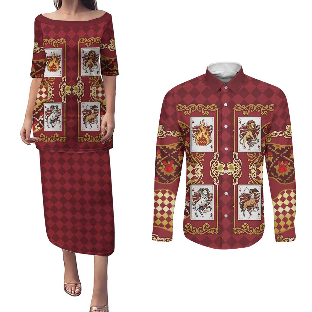 Zodiac Signs Couples Matching Puletasi and Long Sleeve Button Shirt The Fire Element Baroque Hearts Card