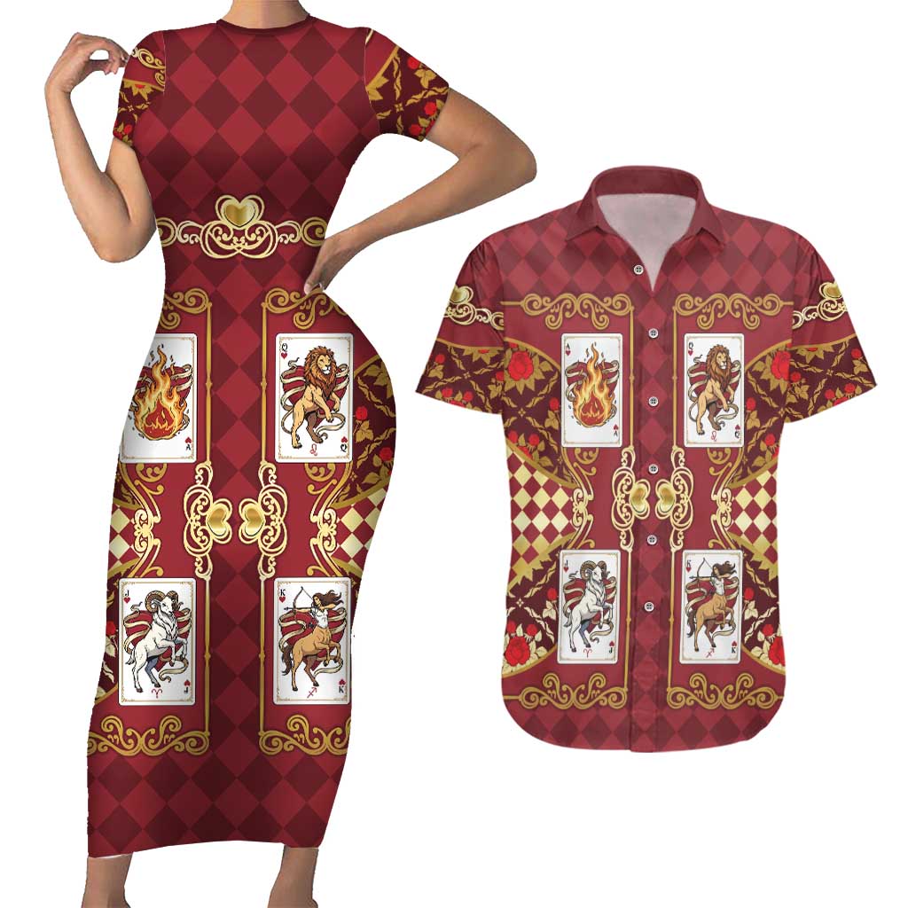 Zodiac Signs Couples Matching Short Sleeve Bodycon Dress and Hawaiian Shirt The Fire Element Baroque Hearts Card