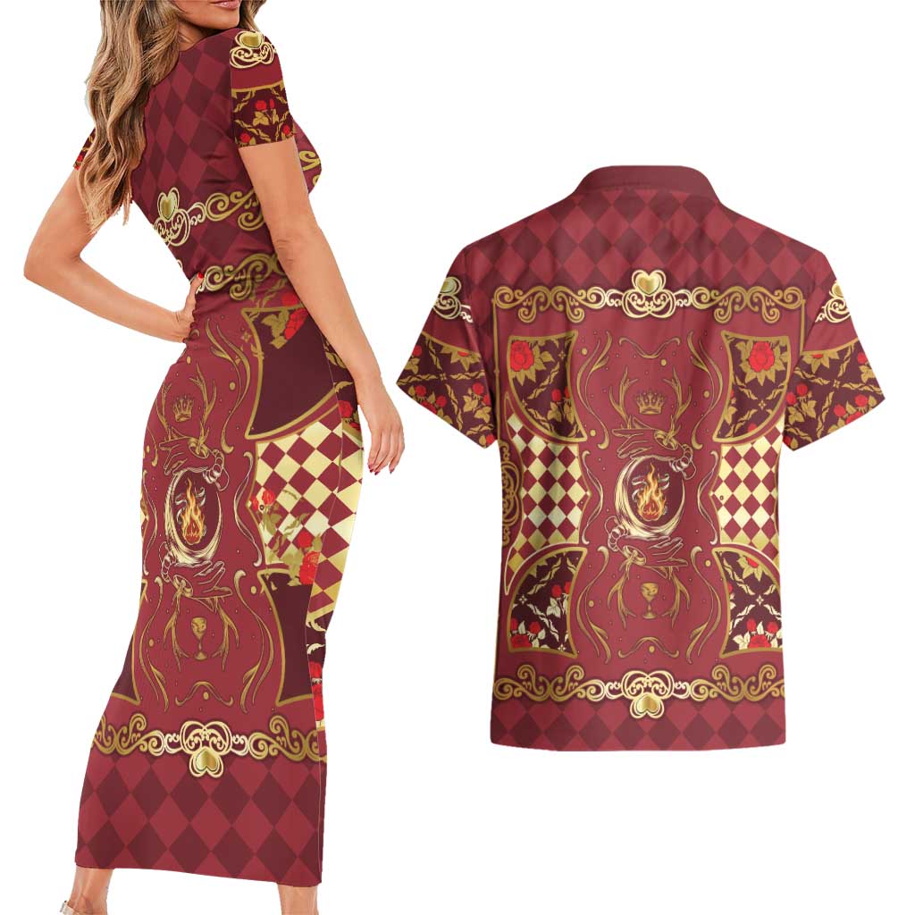 Zodiac Signs Couples Matching Short Sleeve Bodycon Dress and Hawaiian Shirt The Fire Element Baroque Hearts Card