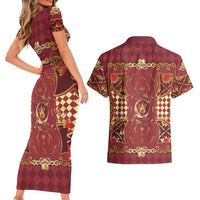 Zodiac Signs Couples Matching Short Sleeve Bodycon Dress and Hawaiian Shirt The Fire Element Baroque Hearts Card