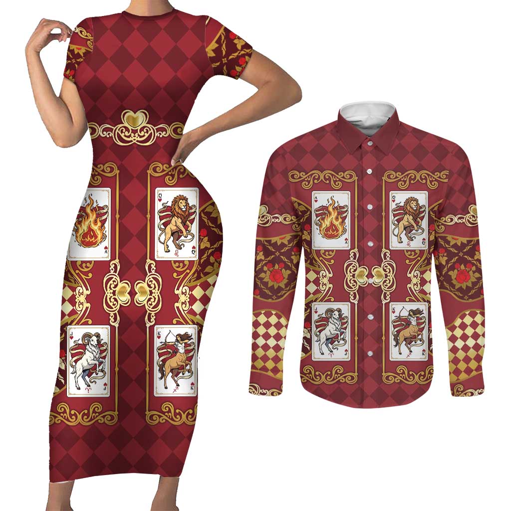 Zodiac Signs Couples Matching Short Sleeve Bodycon Dress and Long Sleeve Button Shirt The Fire Element Baroque Hearts Card