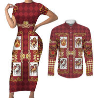 Zodiac Signs Couples Matching Short Sleeve Bodycon Dress and Long Sleeve Button Shirt The Fire Element Baroque Hearts Card