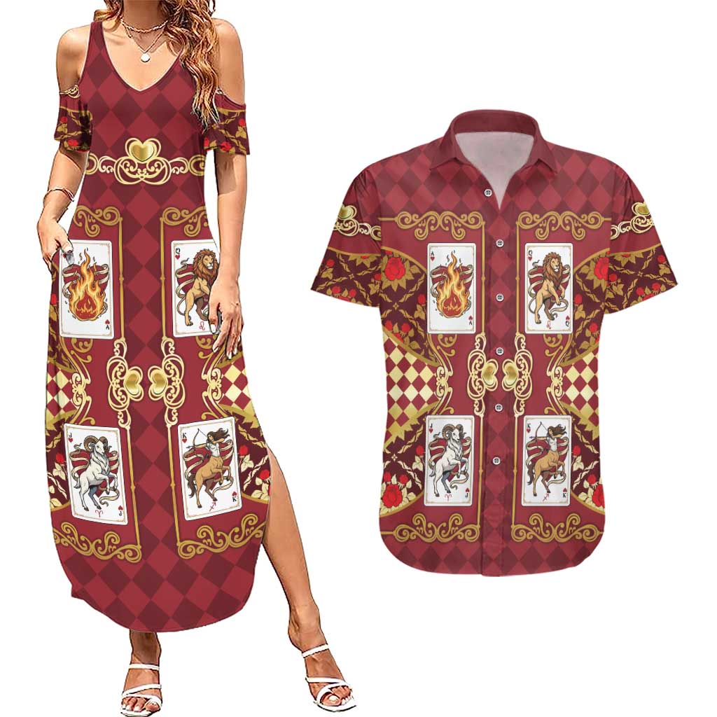 Zodiac Signs Couples Matching Summer Maxi Dress and Hawaiian Shirt The Fire Element Baroque Hearts Card