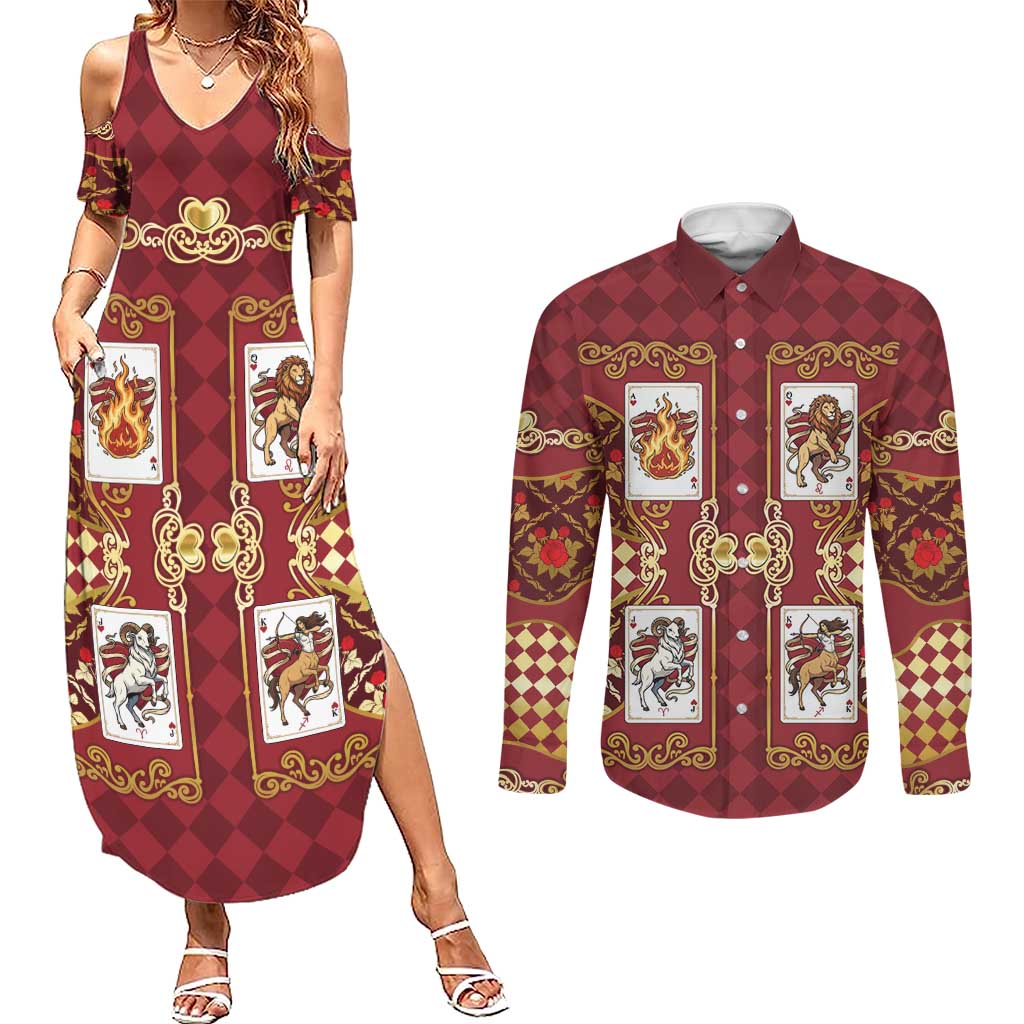 Zodiac Signs Couples Matching Summer Maxi Dress and Long Sleeve Button Shirt The Fire Element Baroque Hearts Card