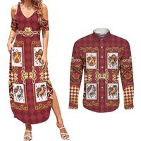 Zodiac Signs Couples Matching Summer Maxi Dress and Long Sleeve Button Shirt The Fire Element Baroque Hearts Card