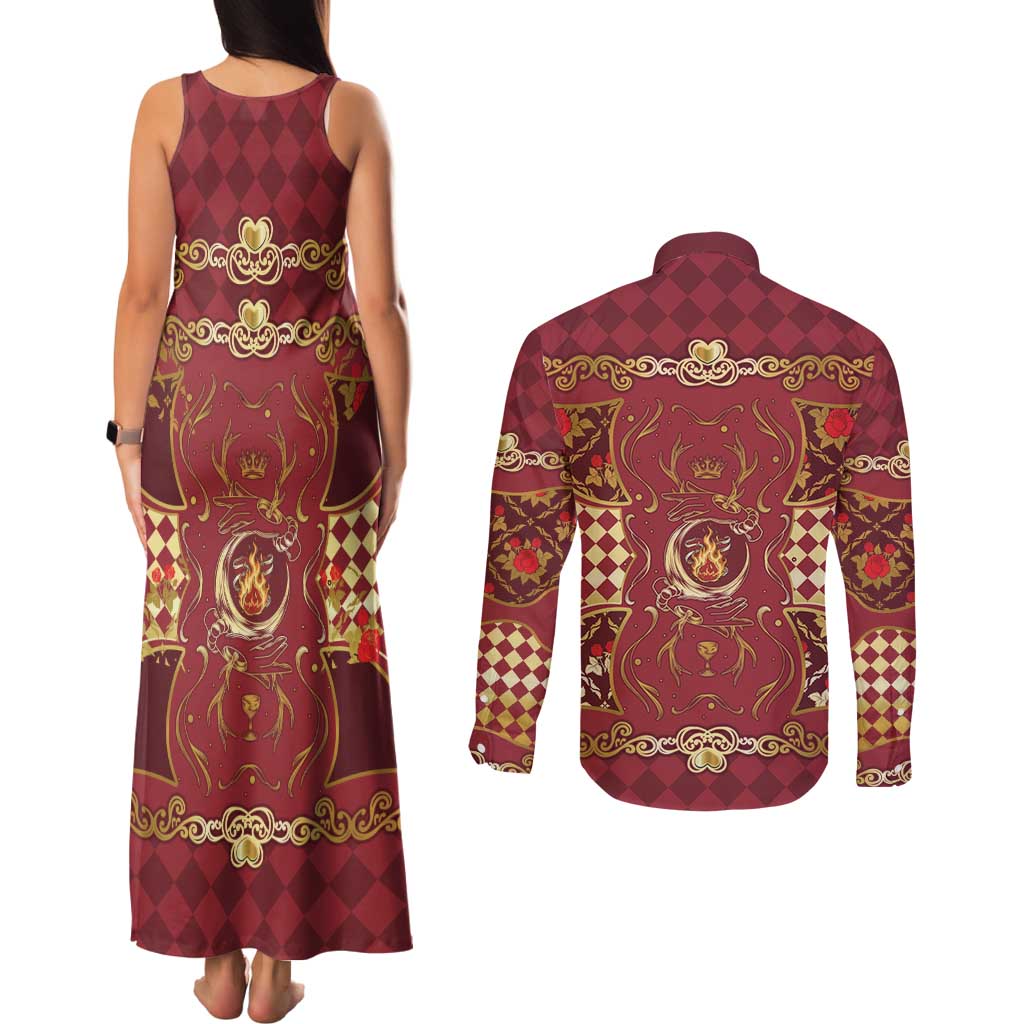 Zodiac Signs Couples Matching Tank Maxi Dress and Long Sleeve Button Shirt The Fire Element Baroque Hearts Card