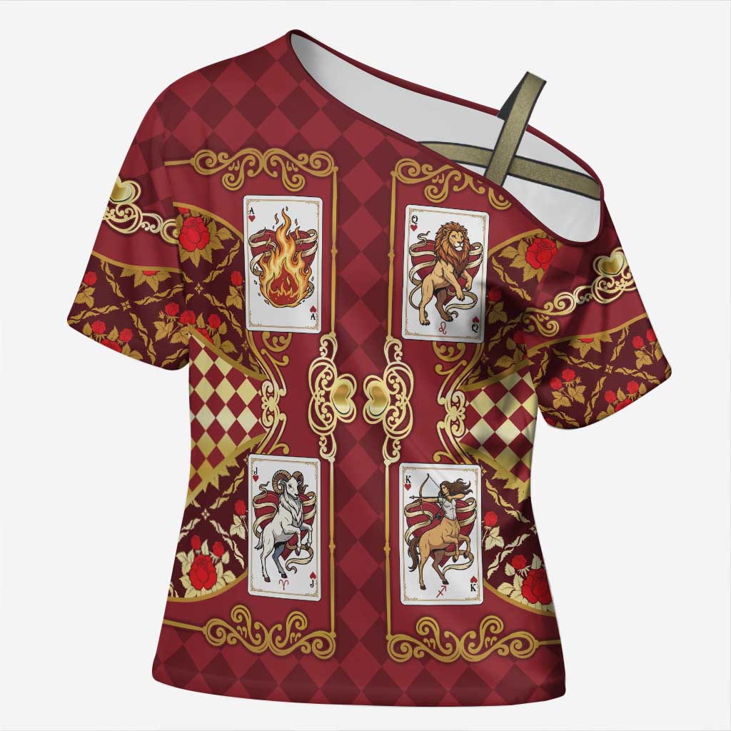Zodiac Signs Cross Shoulder Shirt The Fire Element Baroque Hearts Card