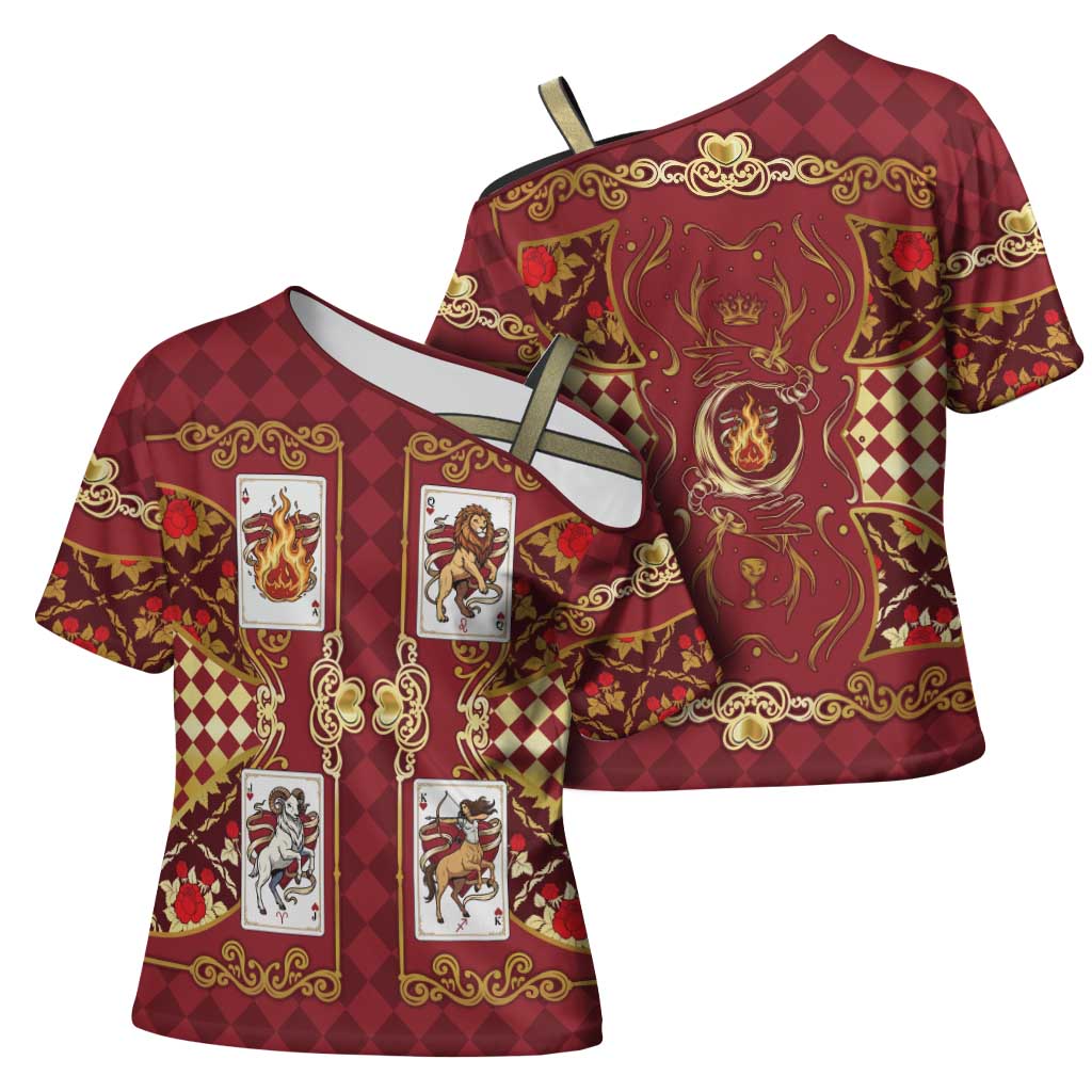 Zodiac Signs Cross Shoulder Shirt The Fire Element Baroque Hearts Card