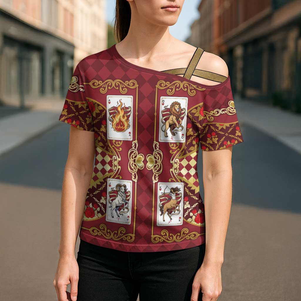 Zodiac Signs Cross Shoulder Shirt The Fire Element Baroque Hearts Card