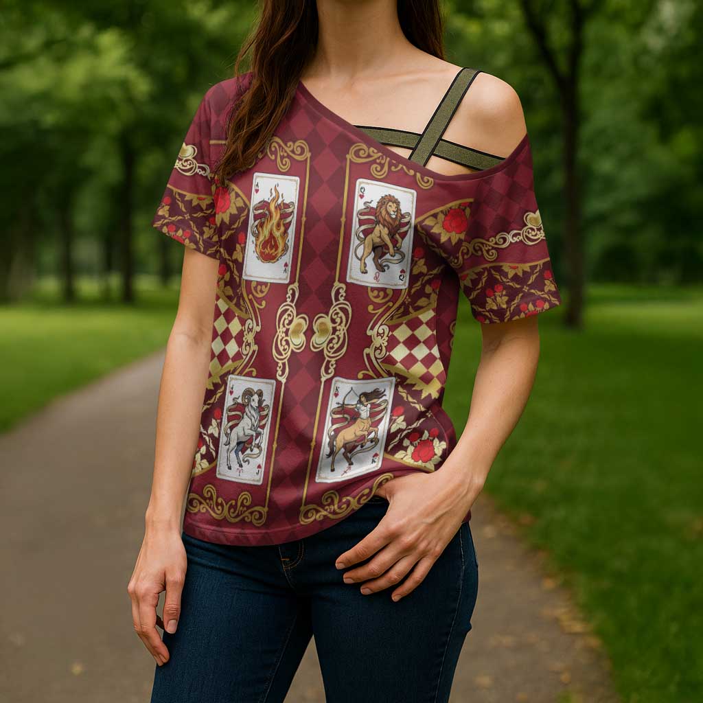 Zodiac Signs Cross Shoulder Shirt The Fire Element Baroque Hearts Card