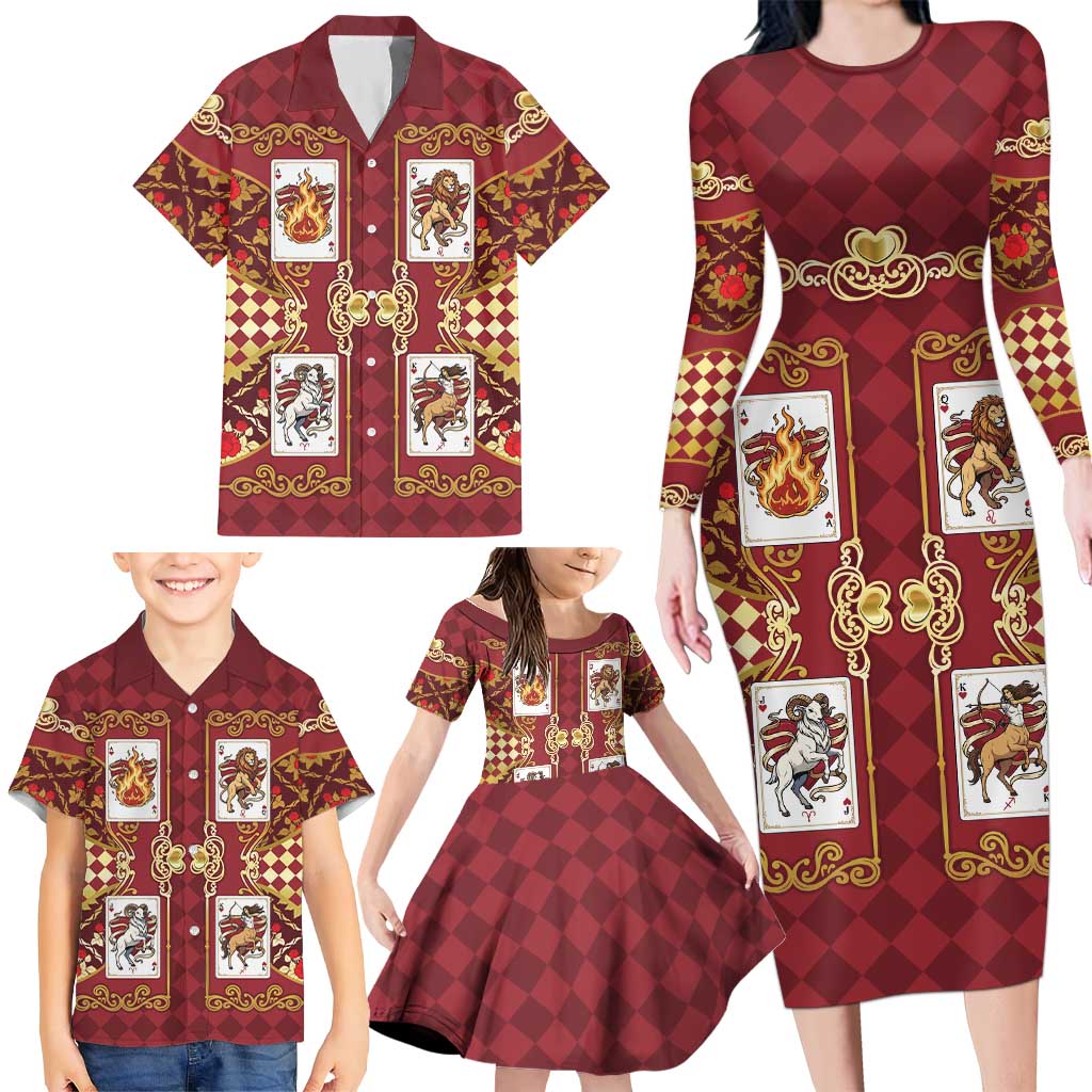 Zodiac Signs Family Matching Long Sleeve Bodycon Dress and Hawaiian Shirt The Fire Element Baroque Hearts Card