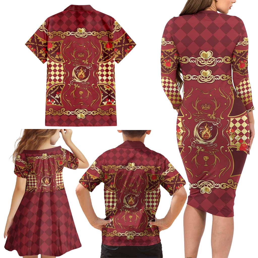 Zodiac Signs Family Matching Long Sleeve Bodycon Dress and Hawaiian Shirt The Fire Element Baroque Hearts Card