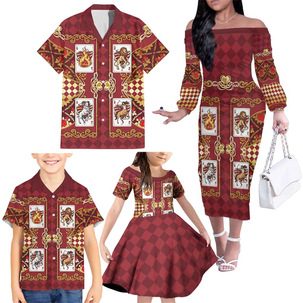 Zodiac Signs Family Matching Off The Shoulder Long Sleeve Dress and Hawaiian Shirt The Fire Element Baroque Hearts Card