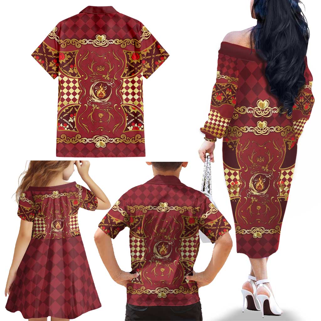 Zodiac Signs Family Matching Off The Shoulder Long Sleeve Dress and Hawaiian Shirt The Fire Element Baroque Hearts Card