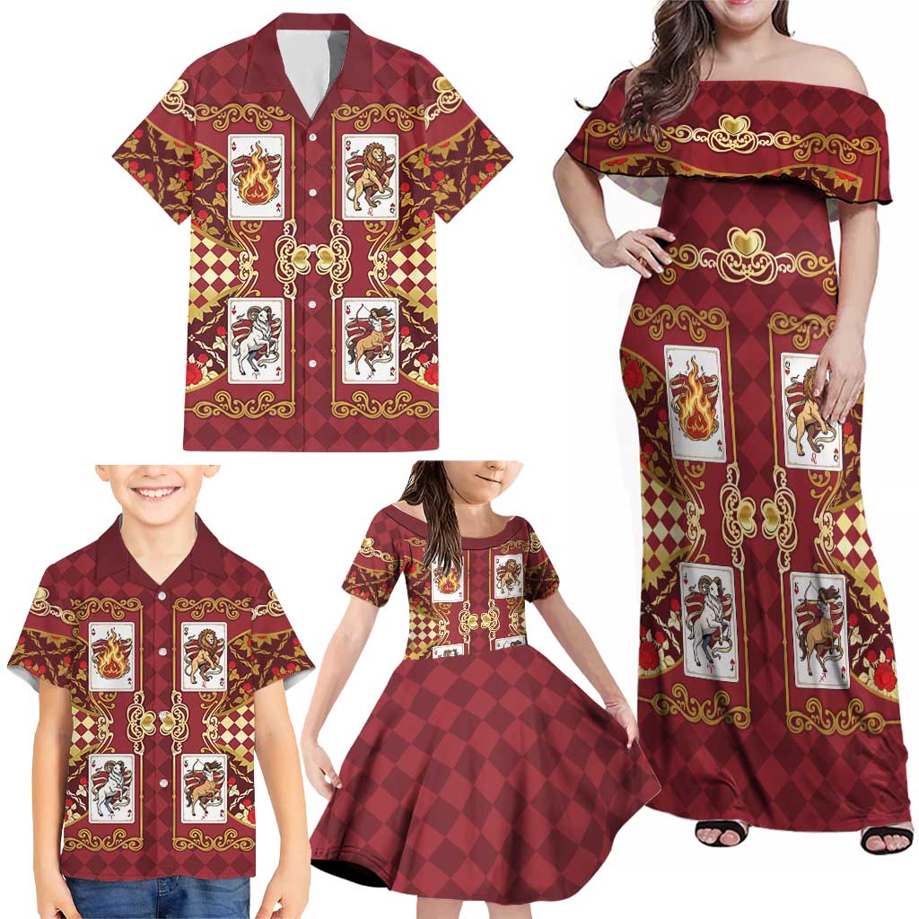 Zodiac Signs Family Matching Off Shoulder Maxi Dress and Hawaiian Shirt The Fire Element Baroque Hearts Card