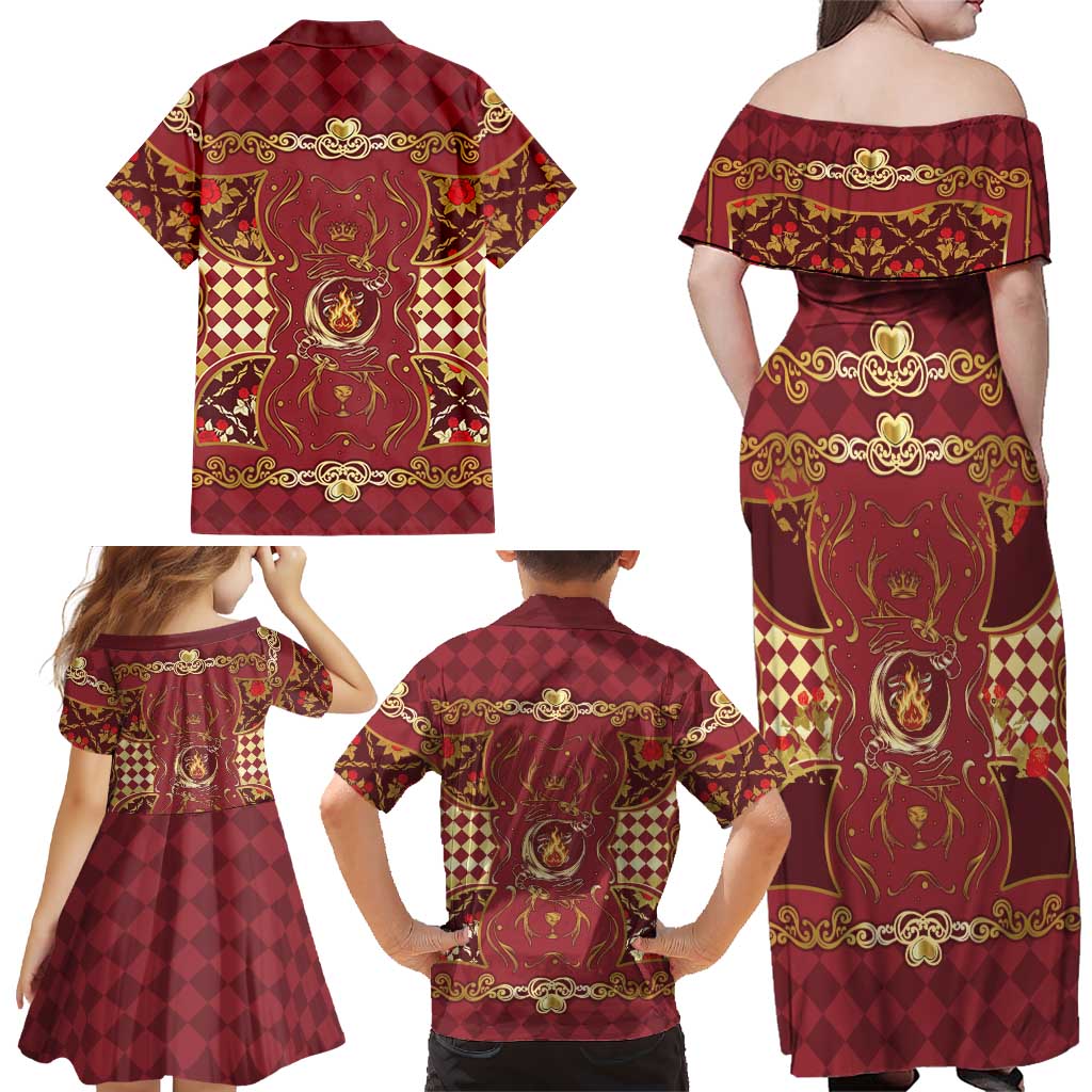 Zodiac Signs Family Matching Off Shoulder Maxi Dress and Hawaiian Shirt The Fire Element Baroque Hearts Card