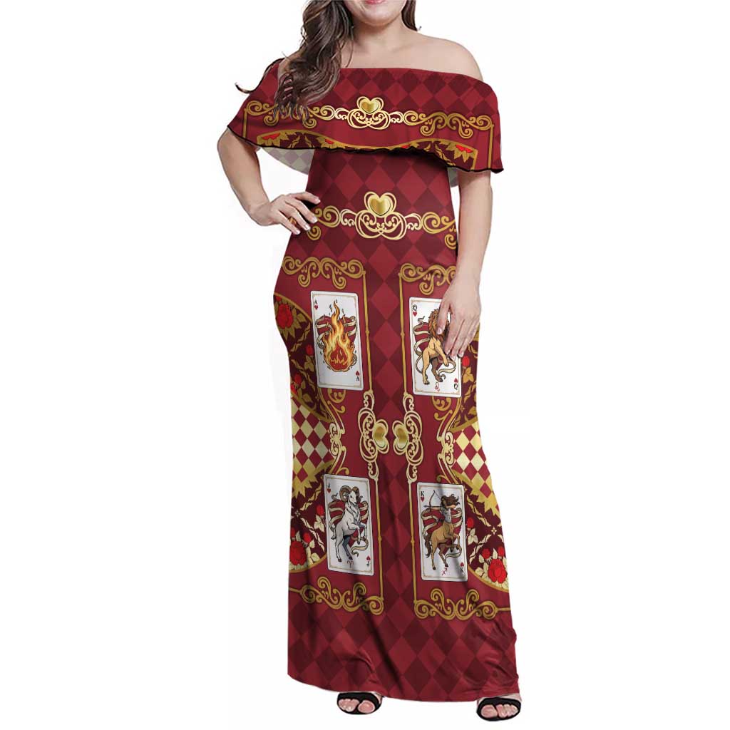 Zodiac Signs Family Matching Off Shoulder Maxi Dress and Hawaiian Shirt The Fire Element Baroque Hearts Card