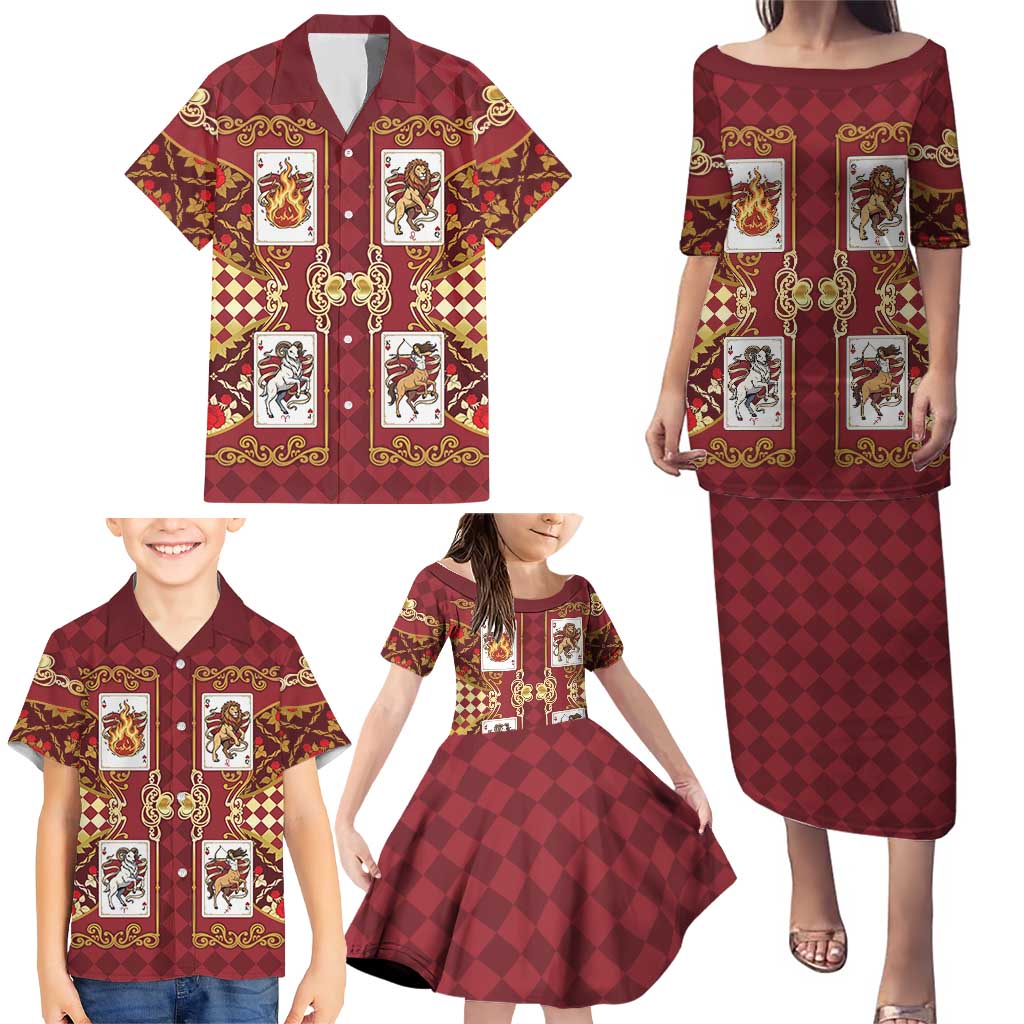 Zodiac Signs Family Matching Puletasi and Hawaiian Shirt The Fire Element Baroque Hearts Card